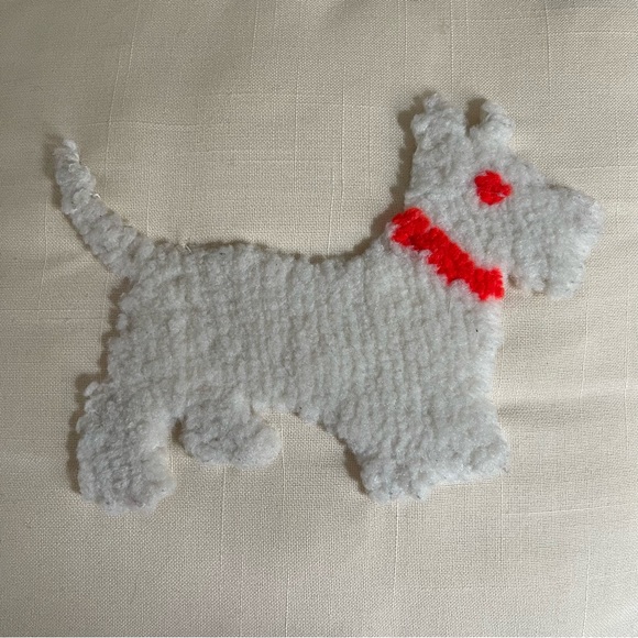 Vintage Handmade Scotty Dog Pillow Scottish Terrier 14 X 14 Ivory Red Bow - Picture 2 of 4